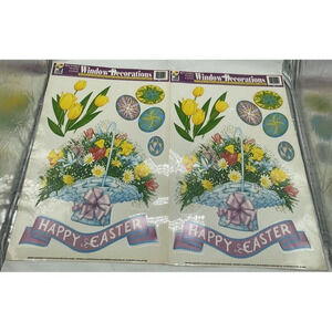 Vintage Lot Of 2 Easter Egg, Duck Flower Basket Window  Clings Vinyl Decoration